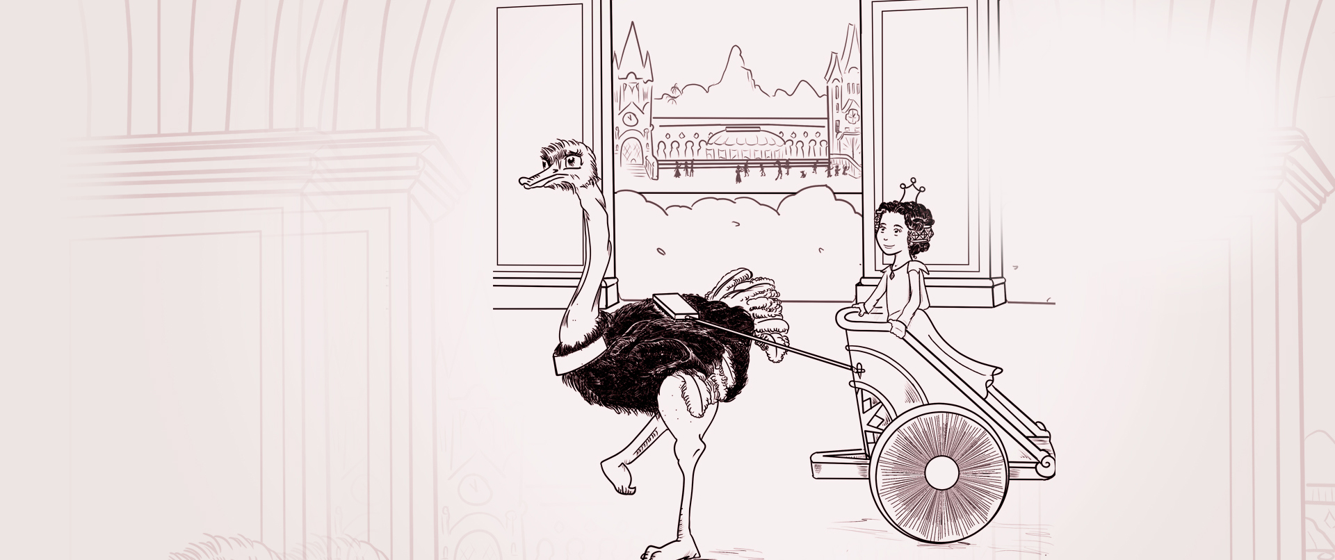 Ink Drawing of: The Princess in her Ostrich Chariot.